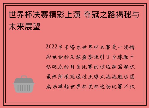 世界杯决赛精彩上演 夺冠之路揭秘与未来展望